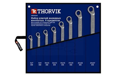Набор ключей THORVIK гаечных накидных изогнутых 75°, 6-27 мм, 8 предметов ORWS008, Набор ключей гаечных накидных изогнутых 75° в сумке, 6-27 мм, 8 предметов
