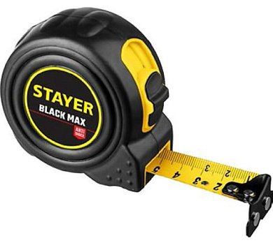 STAYER BlackMax 8м / 25мм рулетка в ударостойком полностью обрезиненном корпусе и двумя фиксаторами