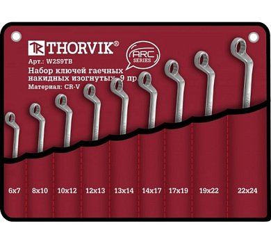 Набор ключей THORVIK гаечных накидных изогнутых серии ARC в сумке, 6-24 мм, 9 предметов W2S9TB
