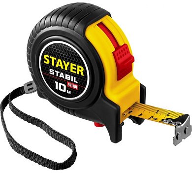 STAYER STABIL 10м / 25мм профессиональная рулетка в ударостойком обрезиненном корпусе с двумя фиксат