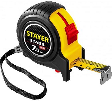 STAYER STABIL 7,5м / 25мм профессиональная рулетка в ударостойком обрезиненном корпусе с двумя фикса