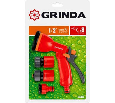 GRINDA GS-12 набор поливочный: пистолет с 8 режимами, комплект соединительной арматуры 1/2″, пластик