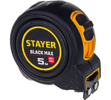 STAYER BlackMax 5м / 25мм рулетка в ударостойком полностью обрезиненном корпусе и двумя фиксаторами