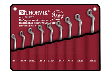 Набор ключей THORVIK гаечных накидных изогнутых серии ARC в сумке, 6-24 мм, 9 предметов W2S9TB, Набор ключей гаечных накидных изогнутых серии ARC в сумке, 6-24 мм, 9 предметов